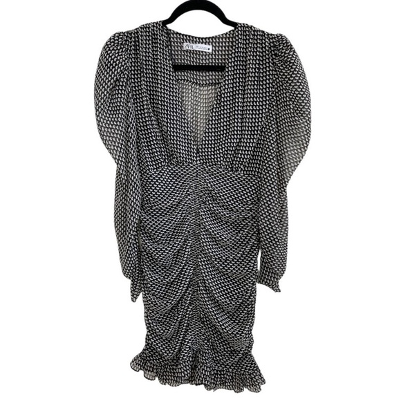 ZARA Sheer Gathered Puff Sleeve Mini Dress size M - Picture 2 of 9
